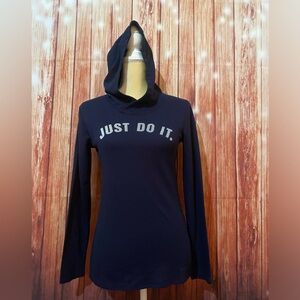 Women’s XS Shirt Nike Dri Fit Graphic Print Blue Waffle Knit Hooded Long Sleeves
